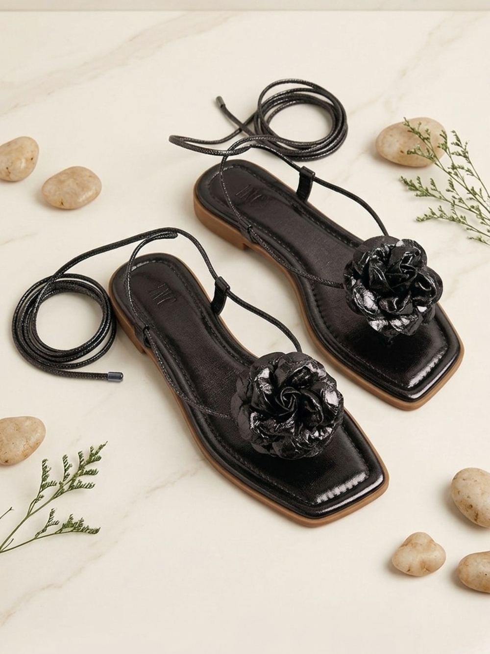 INC International Concepts Black Floral Lace-Up Sandals